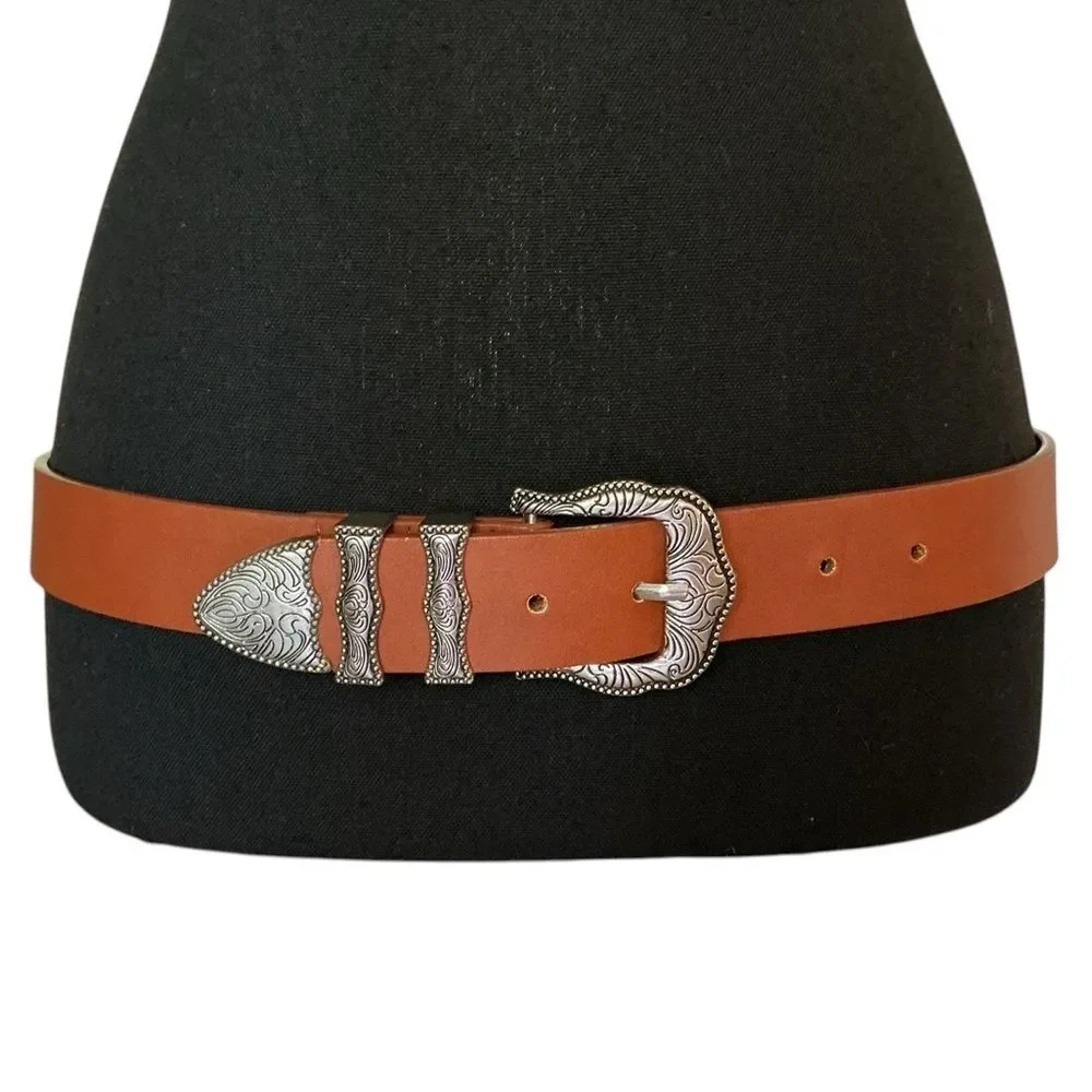 Western Style Leather Belt Silver Engraved Buckle Brown XS/S